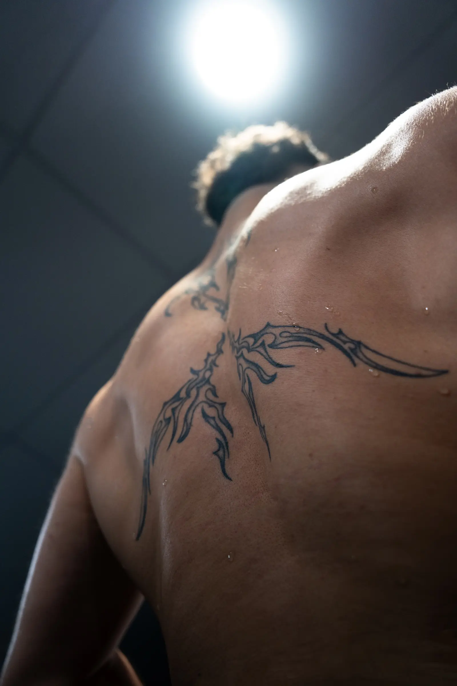 Dos tatoué d'un athlète sous un projecteur