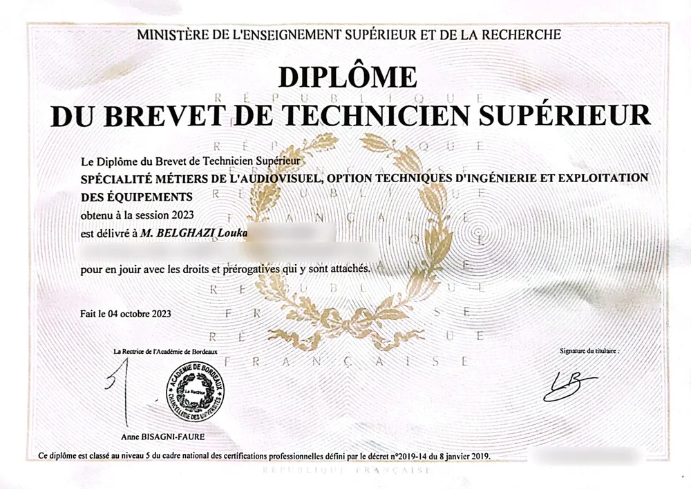 Diplôme du BTS Métiers de l'audiovisuel, option techniques d'ingénierie et exploitation des équipements, session 2023