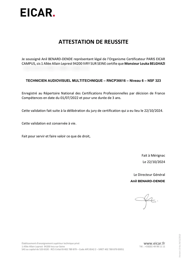 Attestation de réussite EICAR : titre RNCP Technicien audiovisuel multitechnique, niveau 6 (Bac +3), 2024